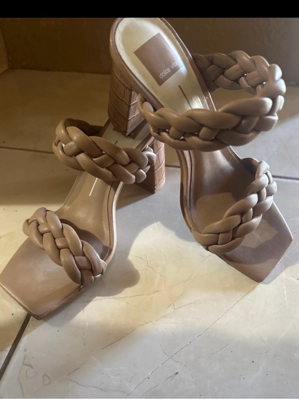 Dolce Vita Braided Double-Strap Block Heel Sandals in Tan